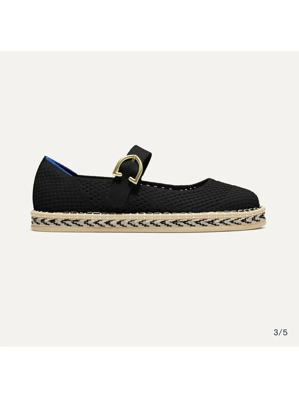 Rothy's Black Knit Espadrille Mary Jane Flats Size 12 Gold Buckle Sustainable
